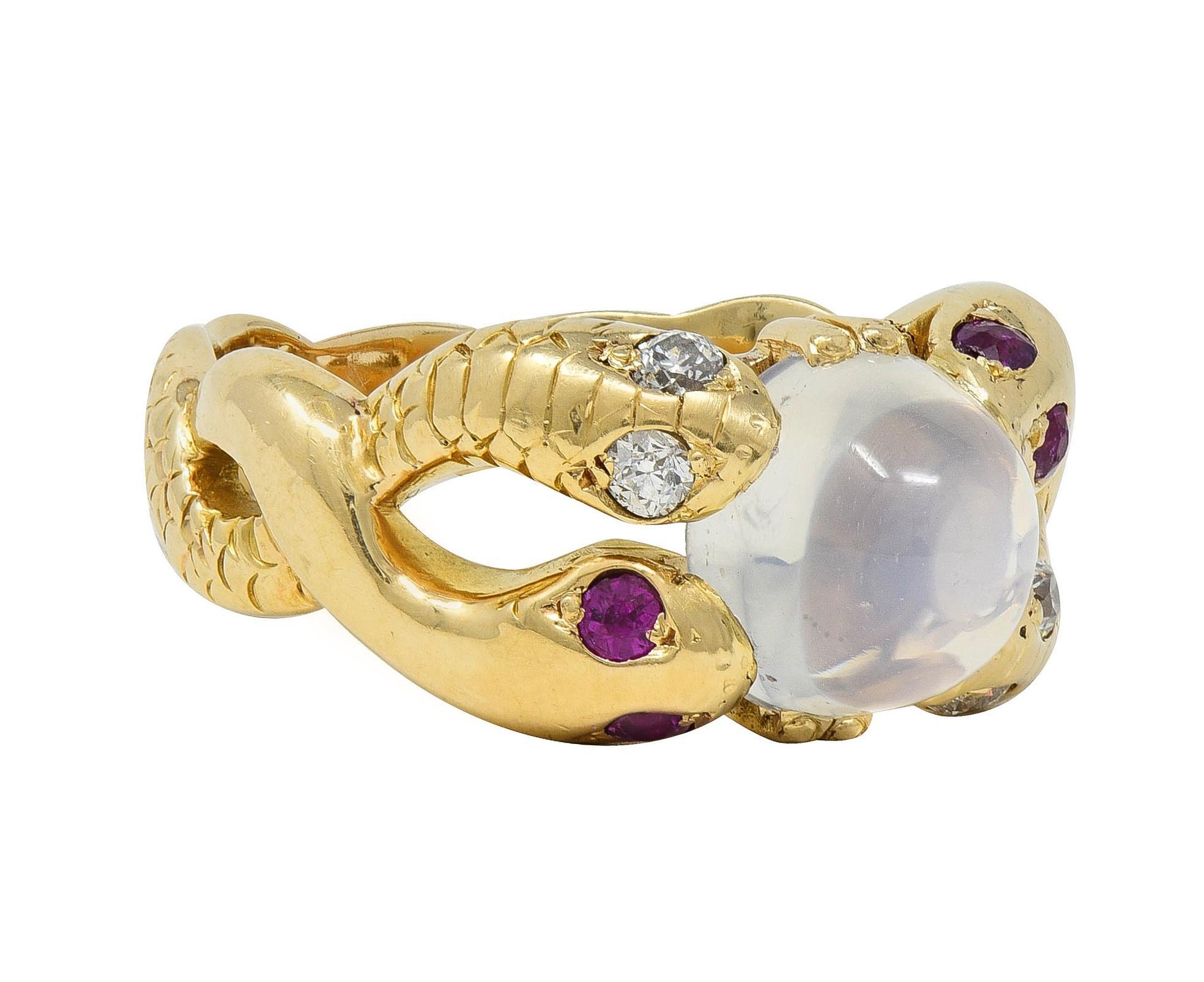 Old European Cut Victorian Ruby Diamond Moonstone Cabochon 14K Yellow Gold Antique Snake Ring For Sale