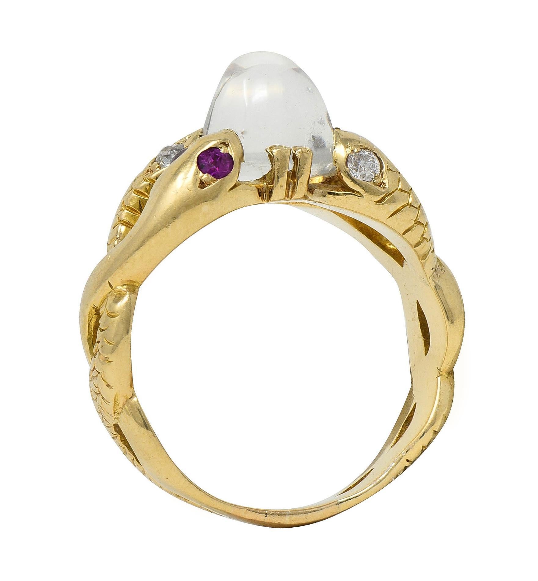 Victorian Ruby Diamond Moonstone Cabochon 14K Yellow Gold Antique Snake Ring In Excellent Condition For Sale In Philadelphia, PA