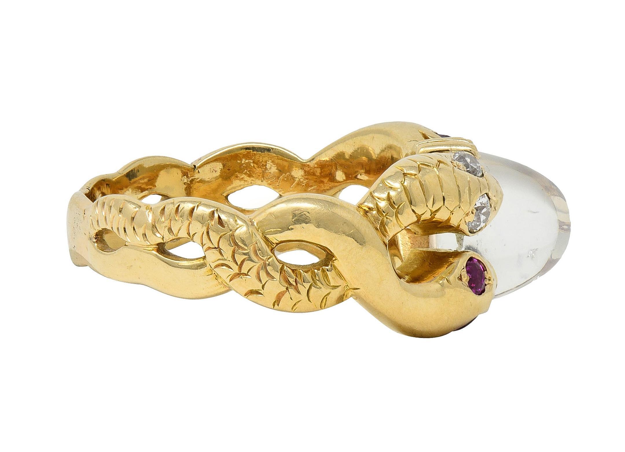 Women's or Men's Victorian Ruby Diamond Moonstone Cabochon 14K Yellow Gold Antique Snake Ring For Sale