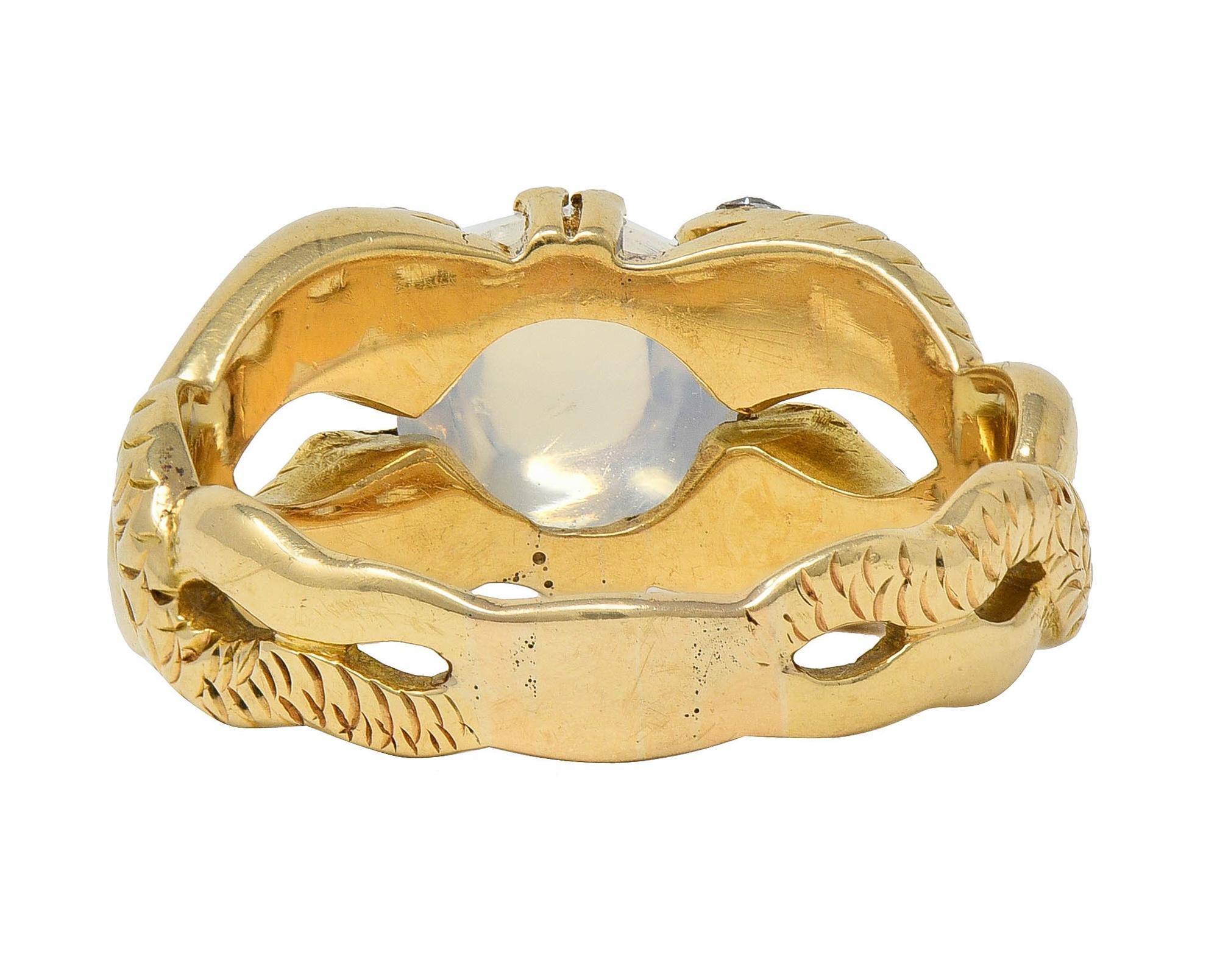 Victorian Ruby Diamond Moonstone Cabochon 14K Yellow Gold Antique Snake Ring For Sale 1