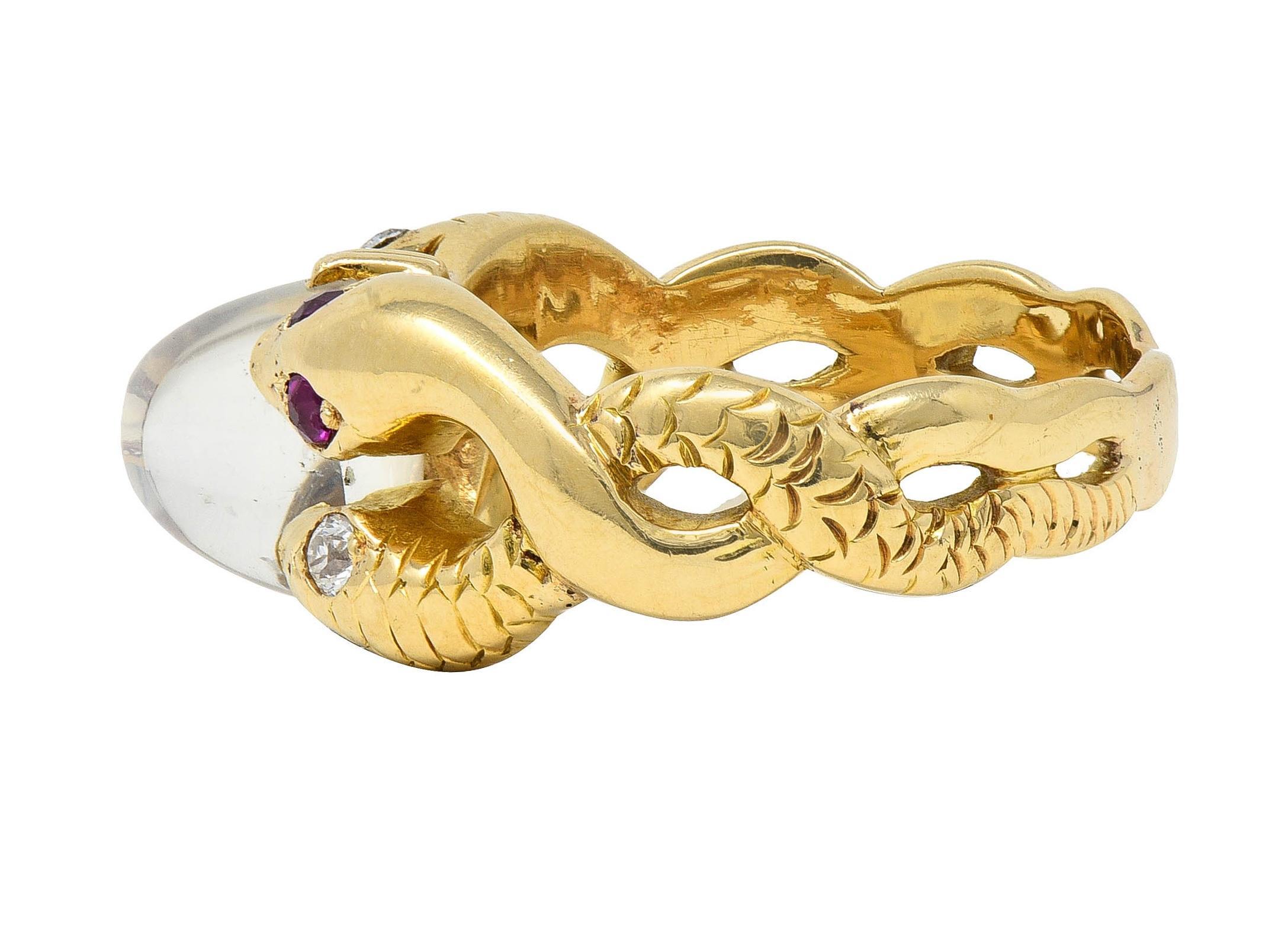Victorian Ruby Diamond Moonstone Cabochon 14K Yellow Gold Antique Snake Ring For Sale 2
