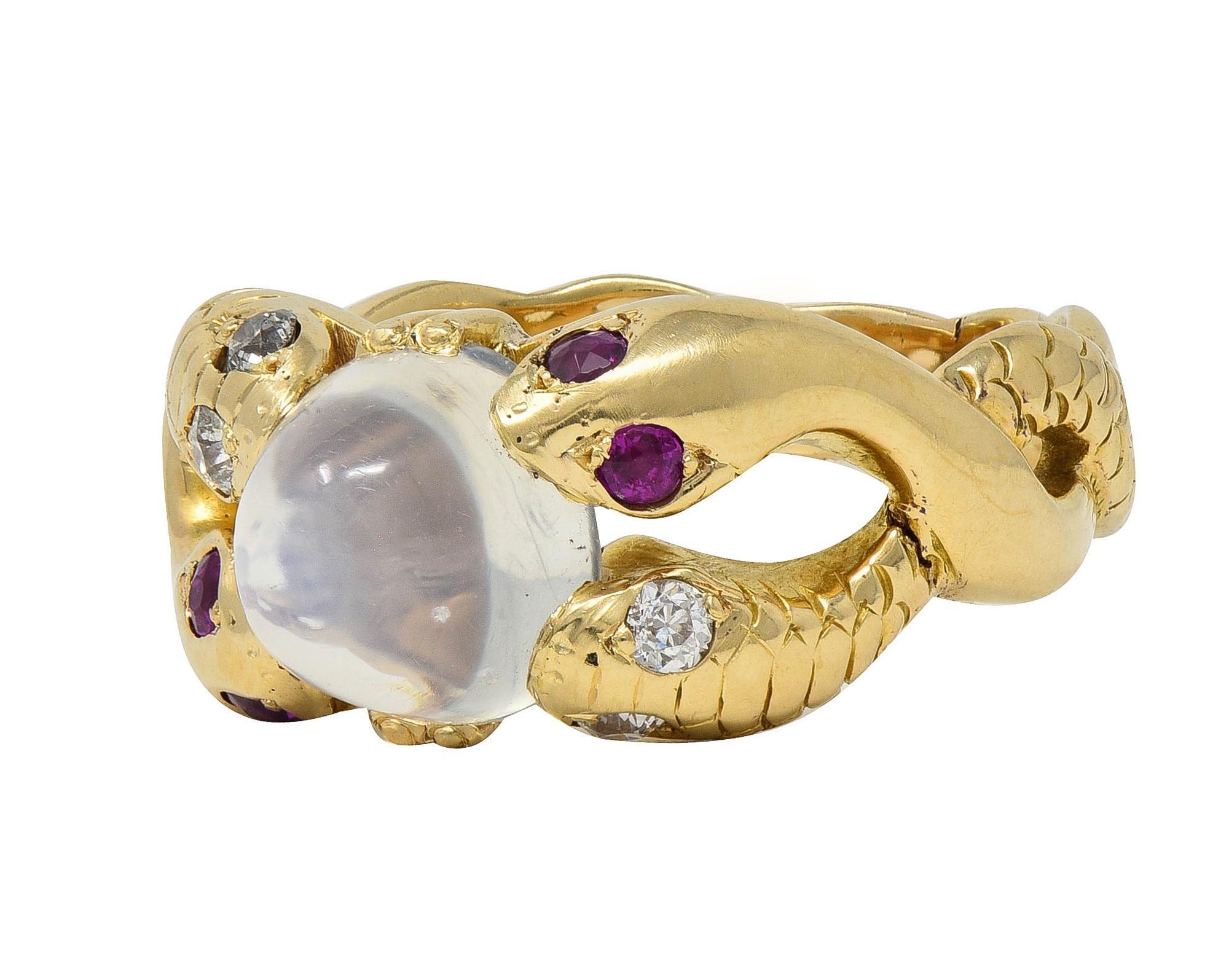 Victorian Ruby Diamond Moonstone Cabochon 14K Yellow Gold Antique Snake Ring For Sale 3