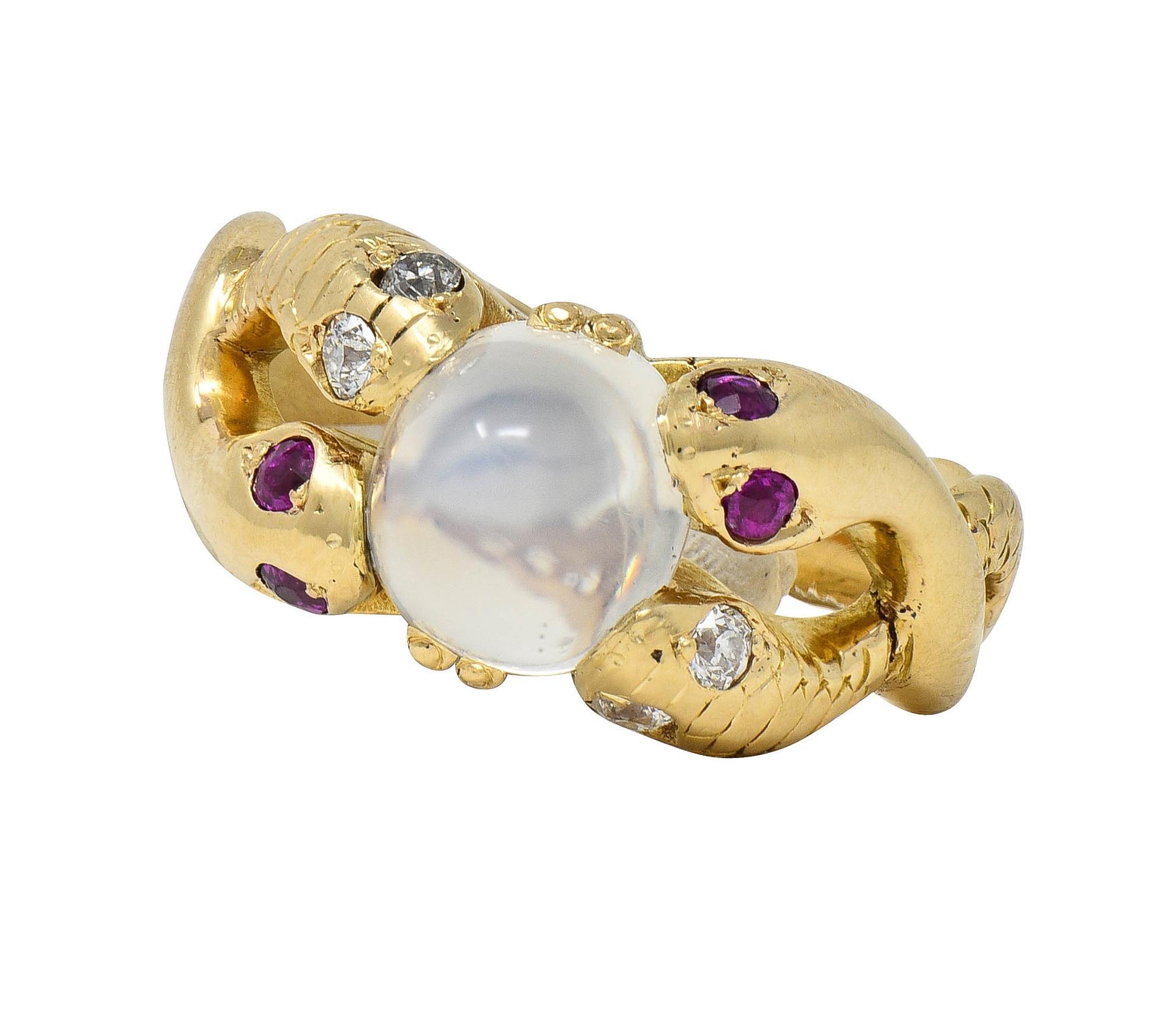 Victorian Ruby Diamond Moonstone Cabochon 14K Yellow Gold Antique Snake Ring For Sale 4