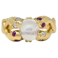 Victorian Ruby Diamond Moonstone Cabochon 14K Yellow Gold Antique Snake Ring