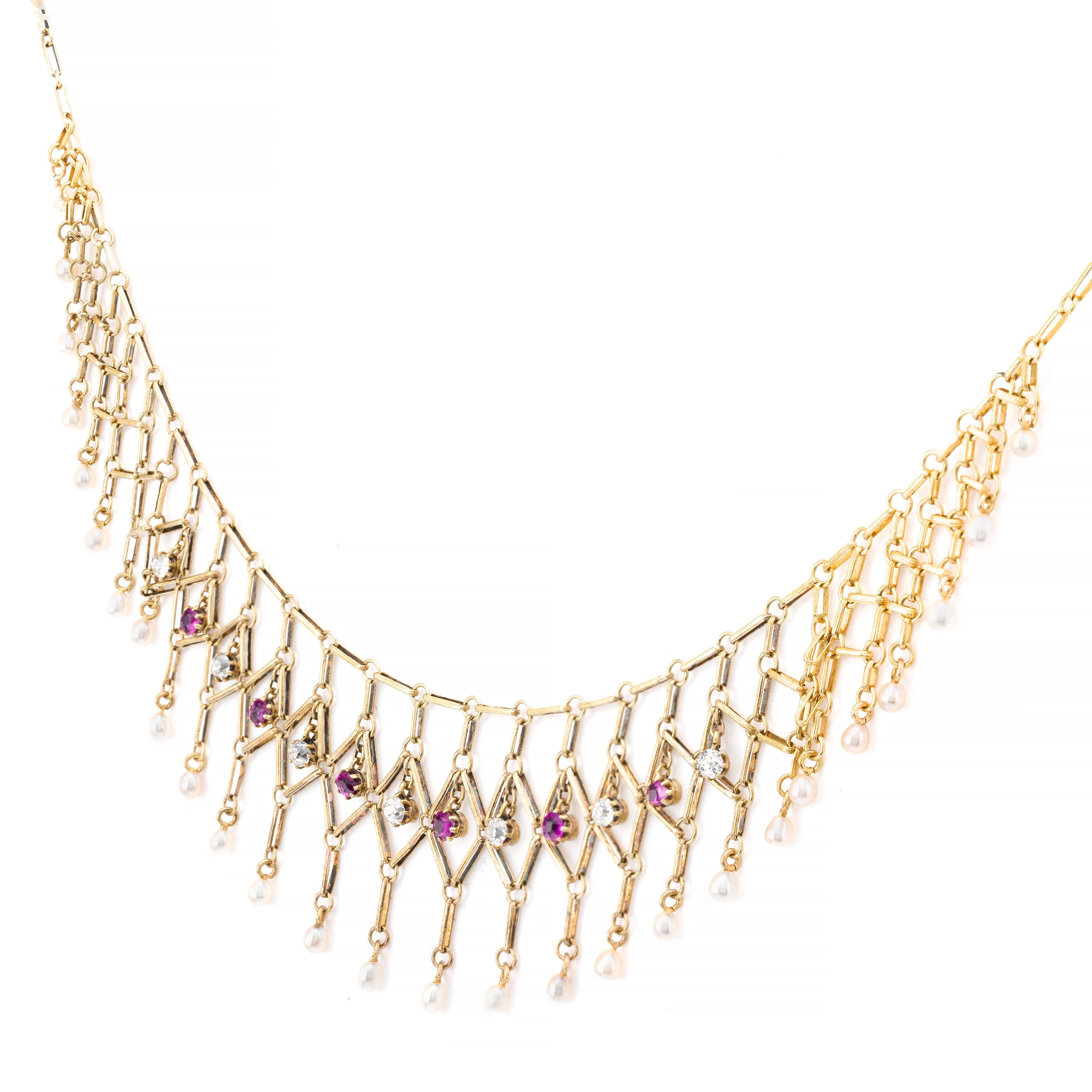Victorien Victorian Ruby, Diamond, & Natural Pearl Fringe Necklace in 18 Karat Yellow Gold en vente