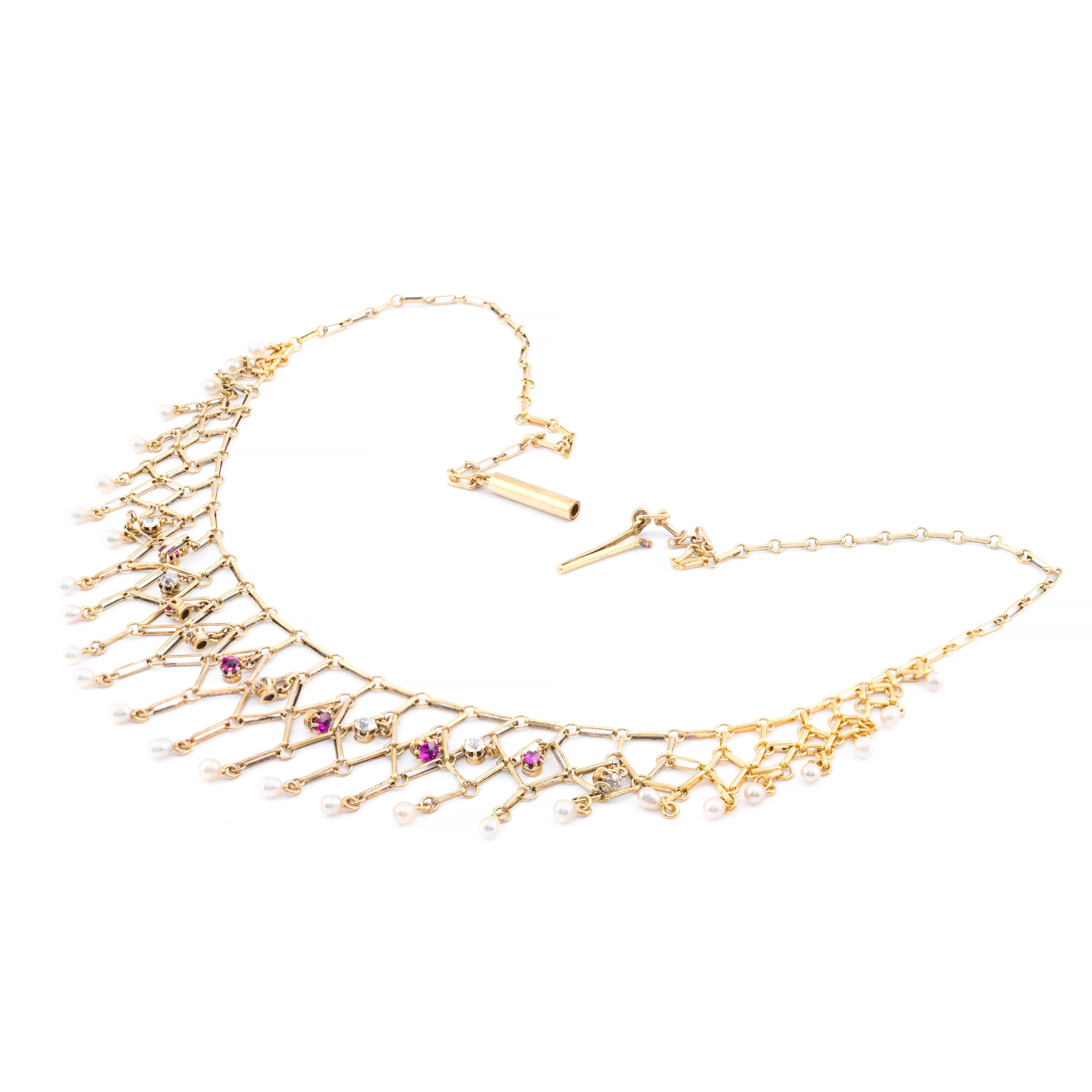 Taille vieille mine Victorian Ruby, Diamond, & Natural Pearl Fringe Necklace in 18 Karat Yellow Gold en vente