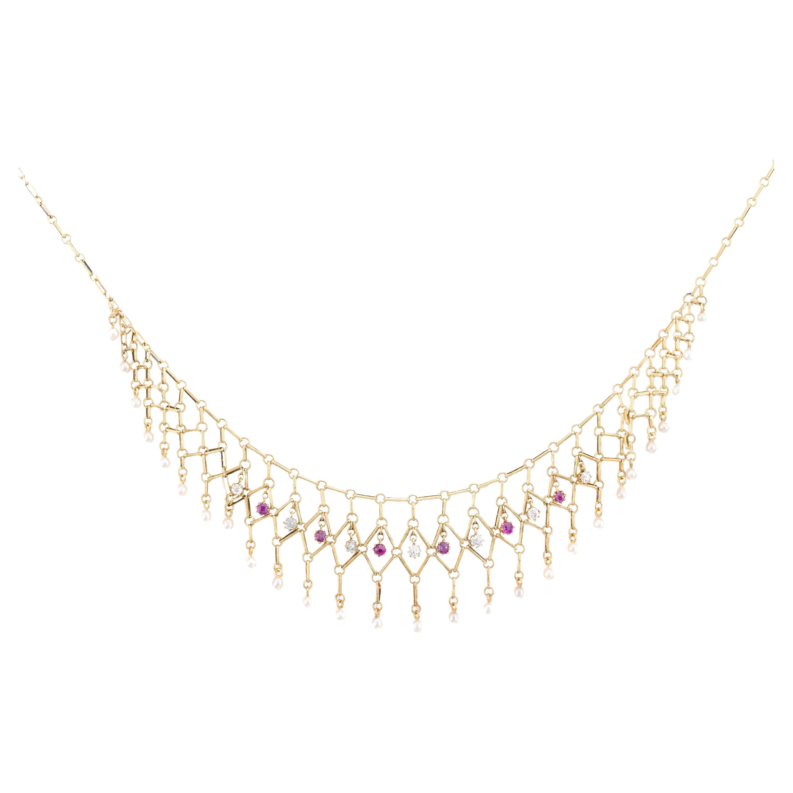 Victorian Ruby, Diamond, & Natural Pearl Fringe Necklace in 18 Karat Yellow Gold