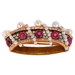 Victorian ruby diamond pearl 18k rose gold crown brooch