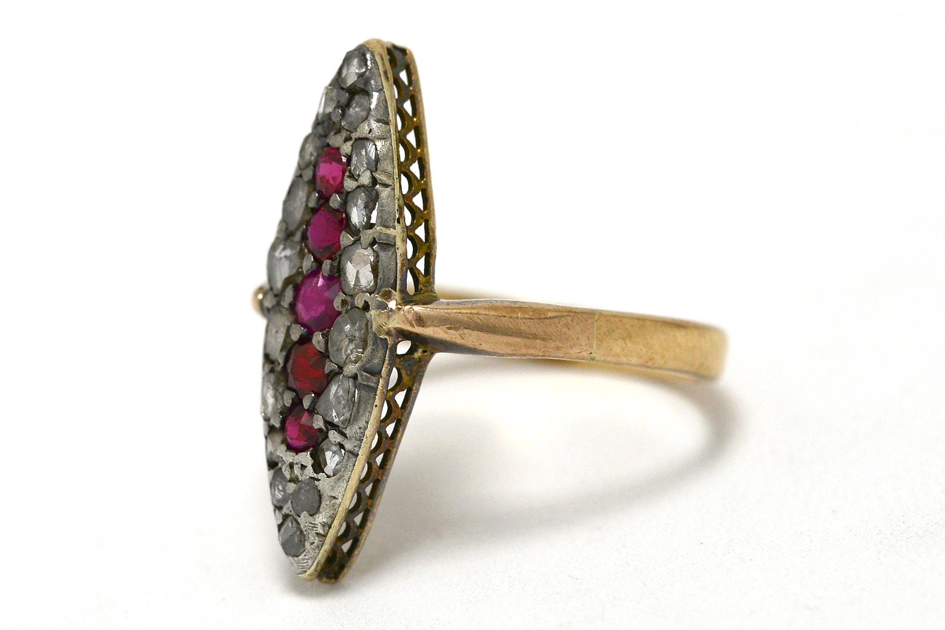 Victorian Ruby Diamond Rose Gold Silver Long Shield Antique Cocktail Dinner Ring In Good Condition In Santa Barbara, CA