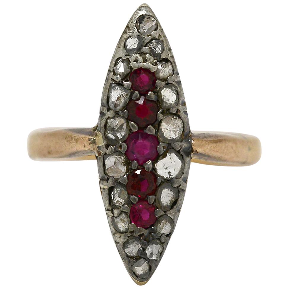 Victorian Ruby Diamond Rose Gold Silver Long Shield Antique Cocktail Dinner Ring