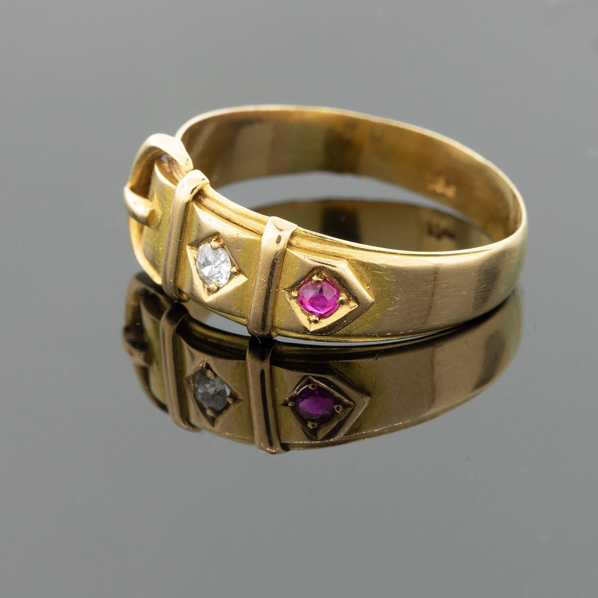 Victorian Ruby & Diamond Set Yellow Gold Buckle Ring Circa 1910 For Sale 5