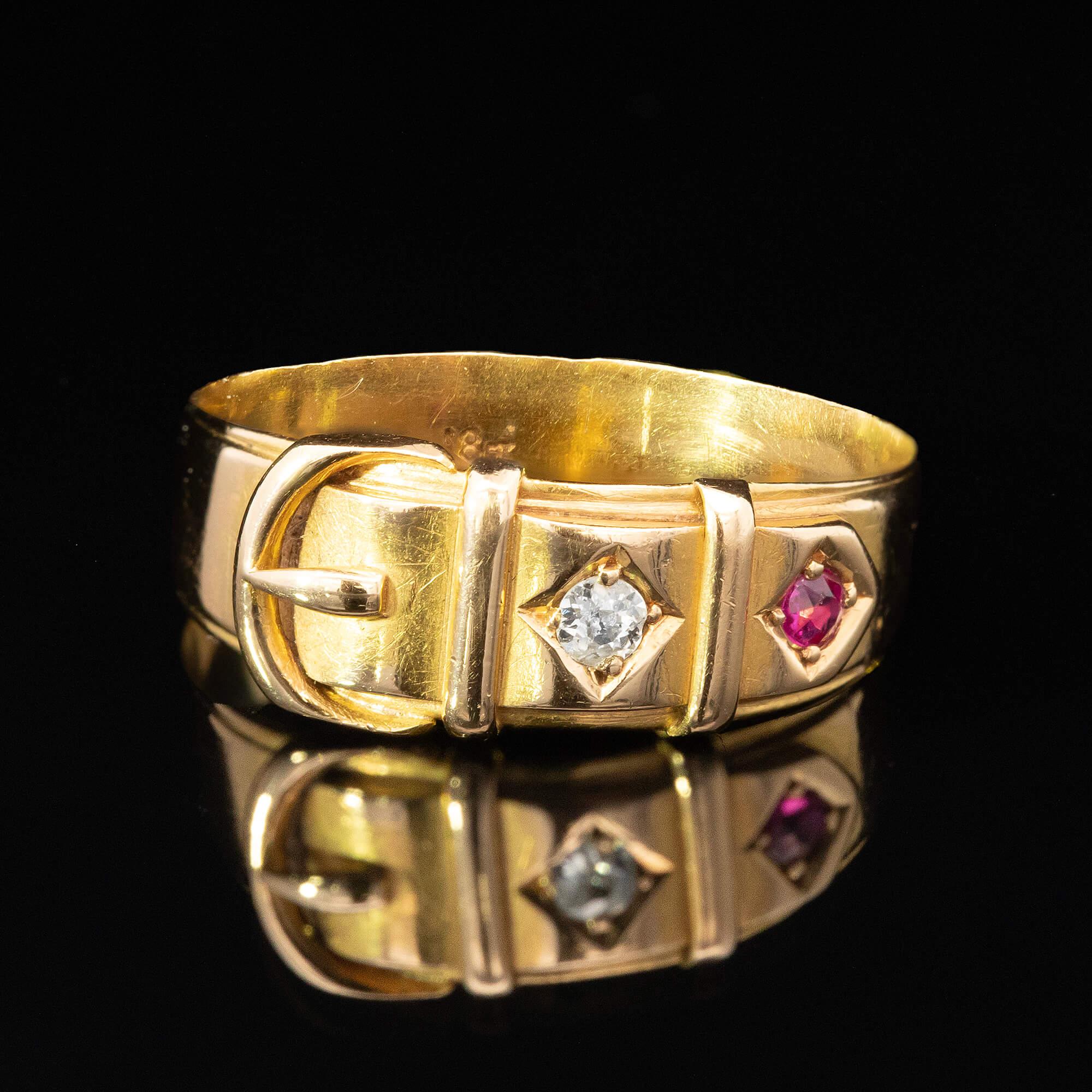 Victorian Ruby & Diamond Set Yellow Gold Buckle Ring Circa 1910 In Good Condition For Sale In ADELAIDE, SA