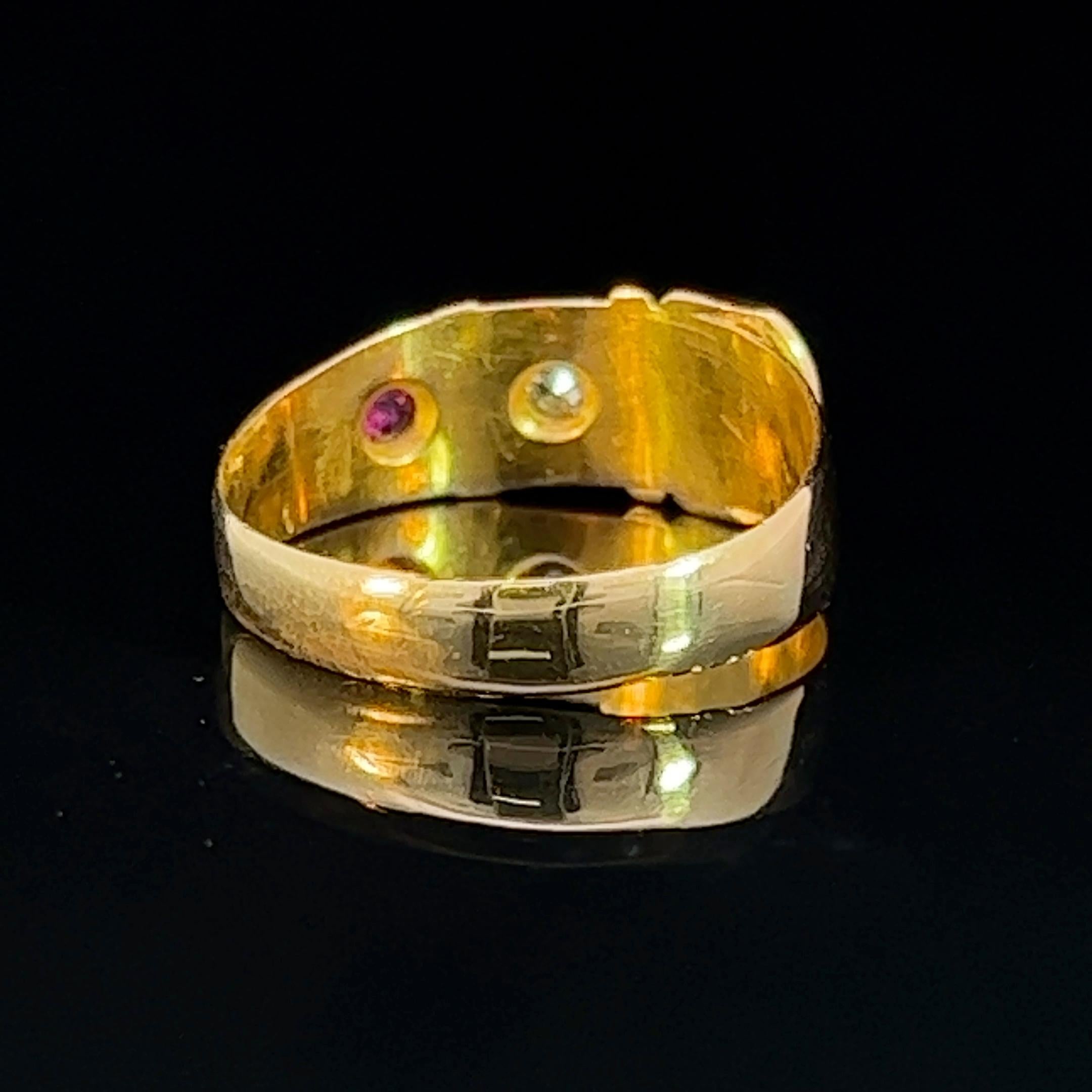 Victorian Ruby & Diamond Set Yellow Gold Buckle Ring Circa 1910 For Sale 1