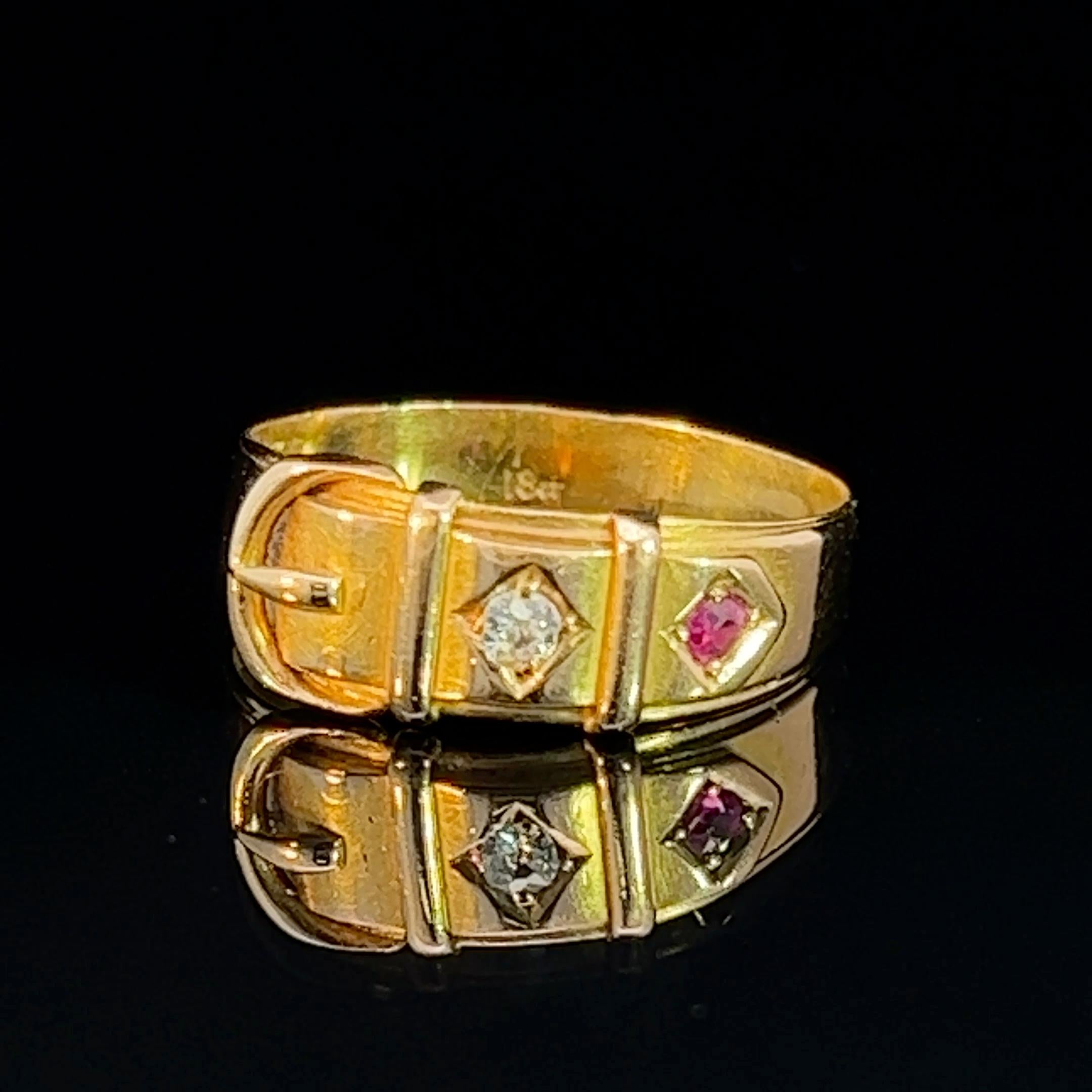 Victorian Ruby & Diamond Set Yellow Gold Buckle Ring Circa 1910 For Sale 3