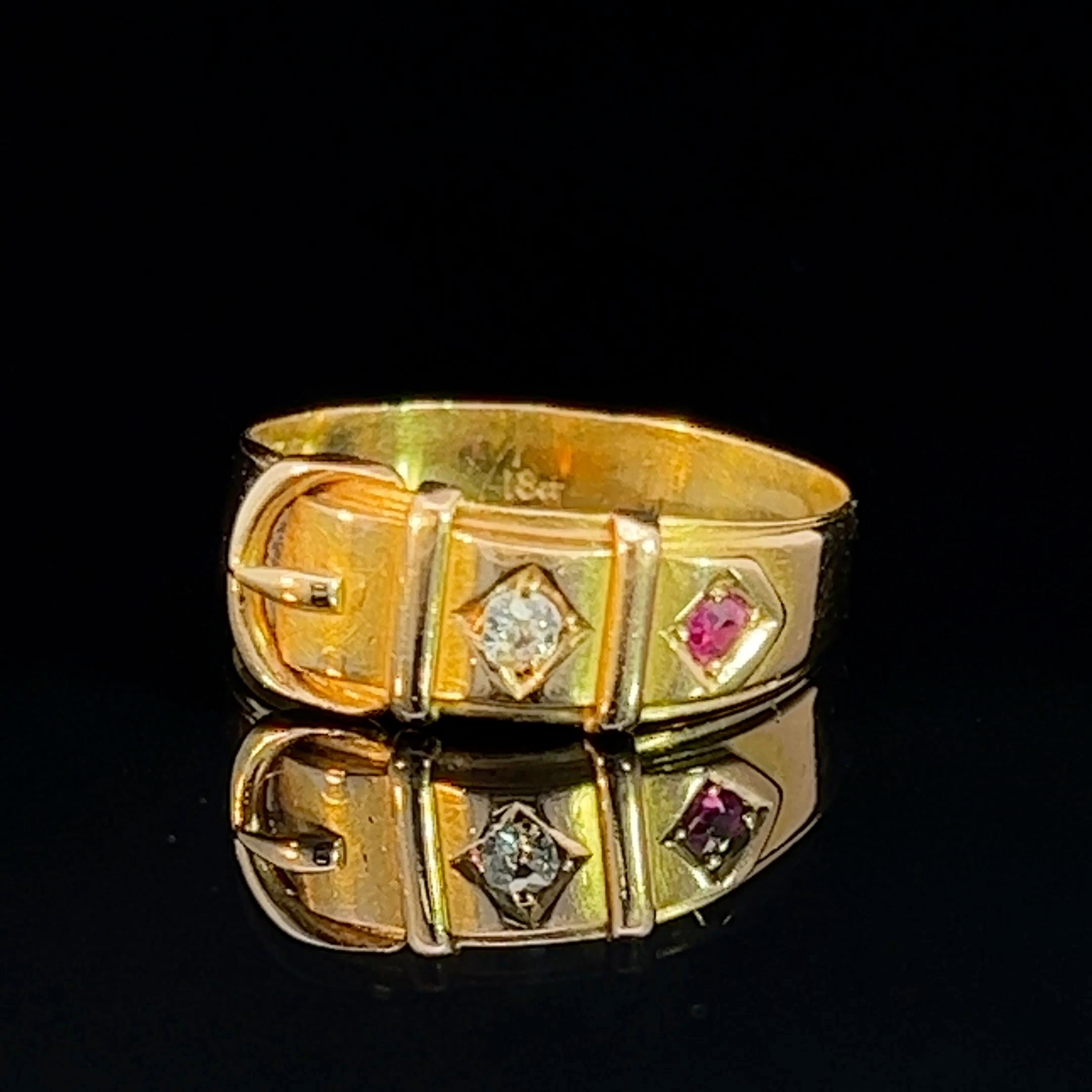Victorian Ruby & Diamond Set Yellow Gold Buckle Ring Circa 1910 3