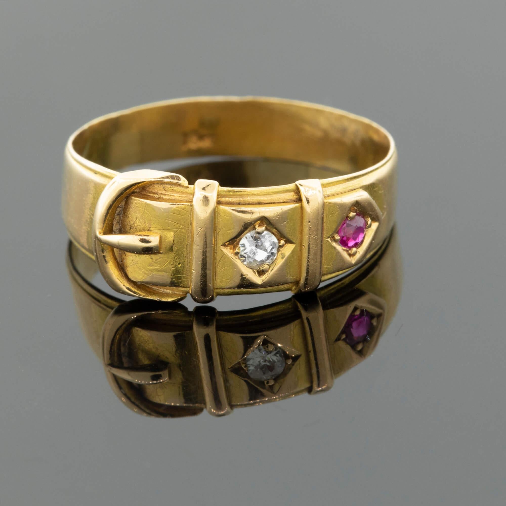Victorian Ruby & Diamond Set Yellow Gold Buckle Ring Circa 1910 For Sale 4