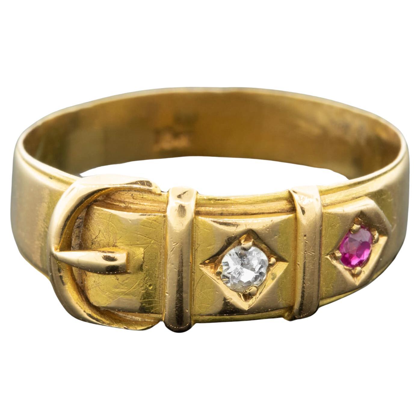 Victorian Ruby & Diamond Set Yellow Gold Buckle Ring Circa 1910 For Sale