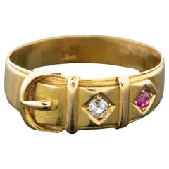 Antique Victorian Ruby & Diamond Set Yellow Gold Buckle Ring Circa 1910
