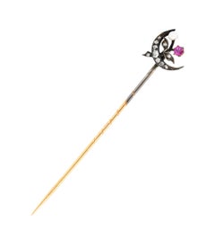 Victorian Ruby Diamond Silver-Topped 14 Karat Gold Honeymoon Stickpin