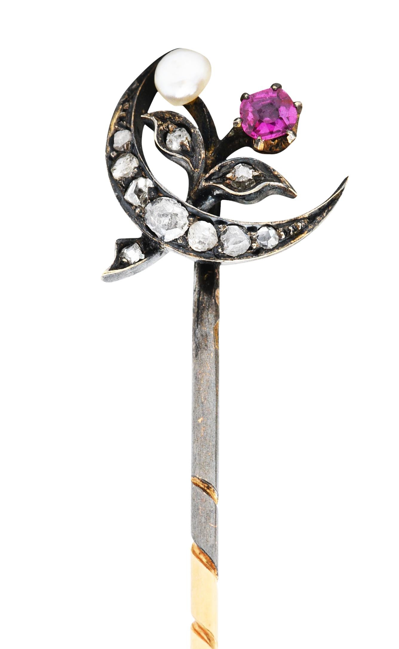 Victorian Ruby Diamond Silver-Topped 14 Karat Gold Honeymoon Stickpin In Excellent Condition For Sale In Philadelphia, PA