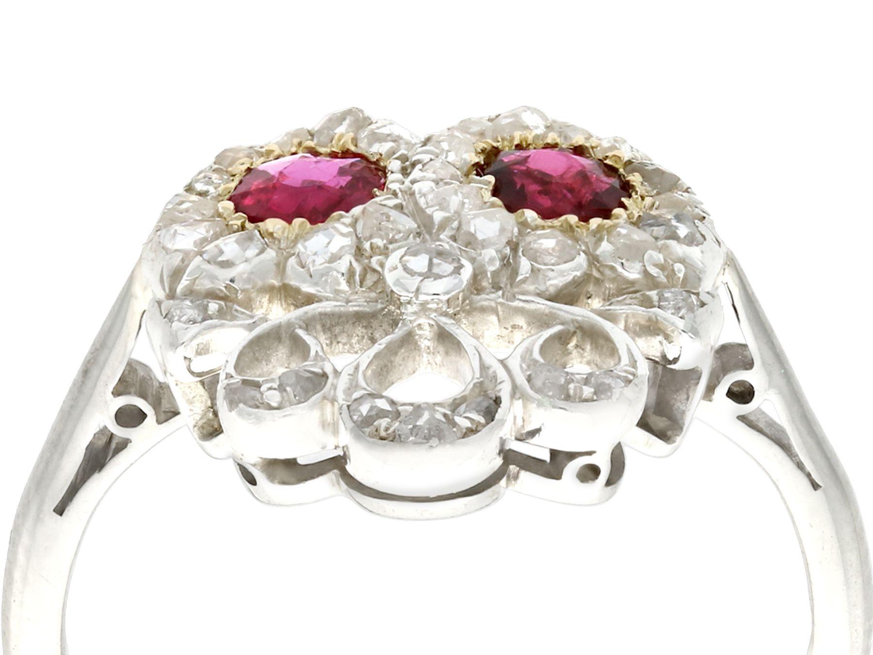 A stunning, fine and impressive antique 0.60 carat diamond and 0.60Ct natural ruby, 18k white gold heart shaped ring; part of our antique jewelry collections

This stunning Victorian heart shaped ruby and diamond dress ring has been crafted in 18k