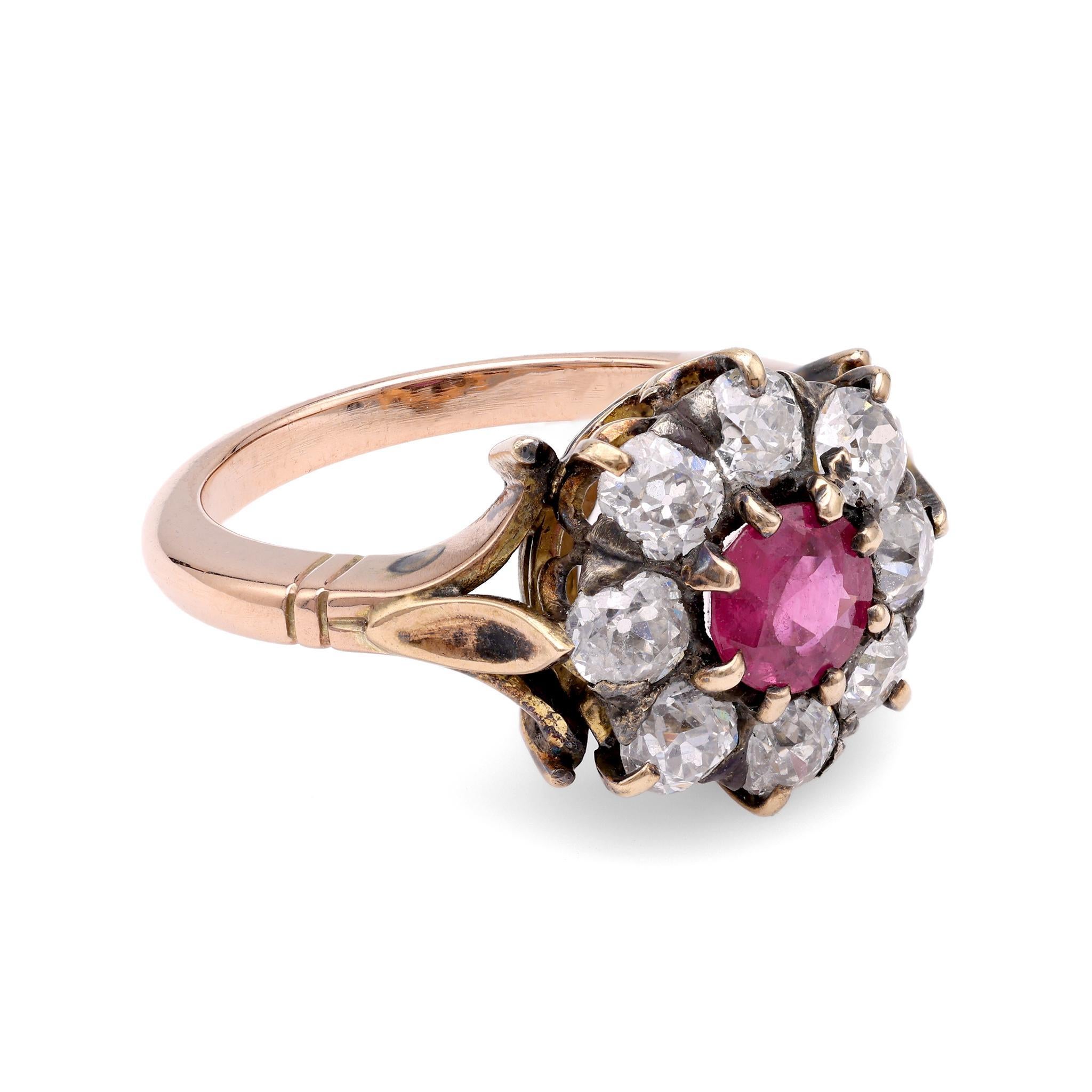 Mixed Cut Victorian Ruby Diamond Yellow Gold Cluster Ring For Sale
