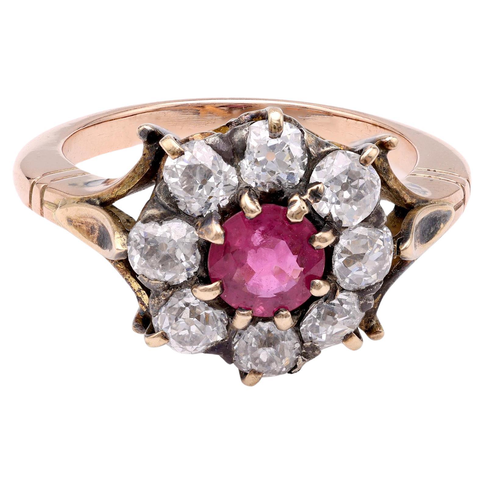 Victorian Ruby Diamond Yellow Gold Cluster Ring For Sale
