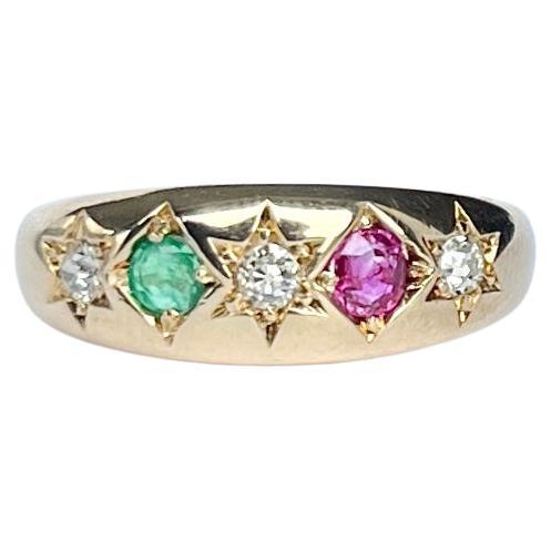 Victorian Ruby, Emerald and Diamond 18 Carat Gold Five Stone Gypsy Ring