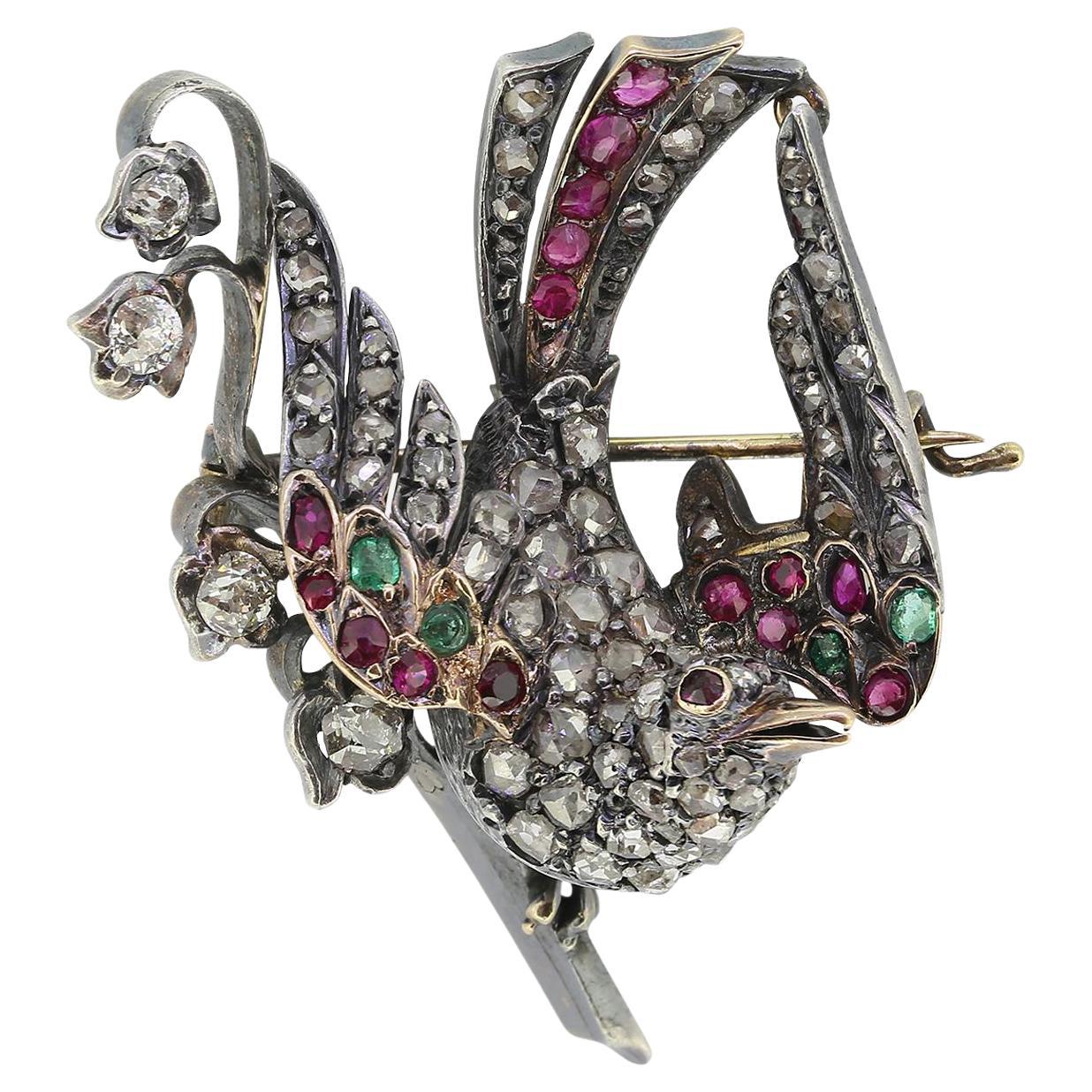 Victorian Ruby Emerald and Diamond Bird Brooch