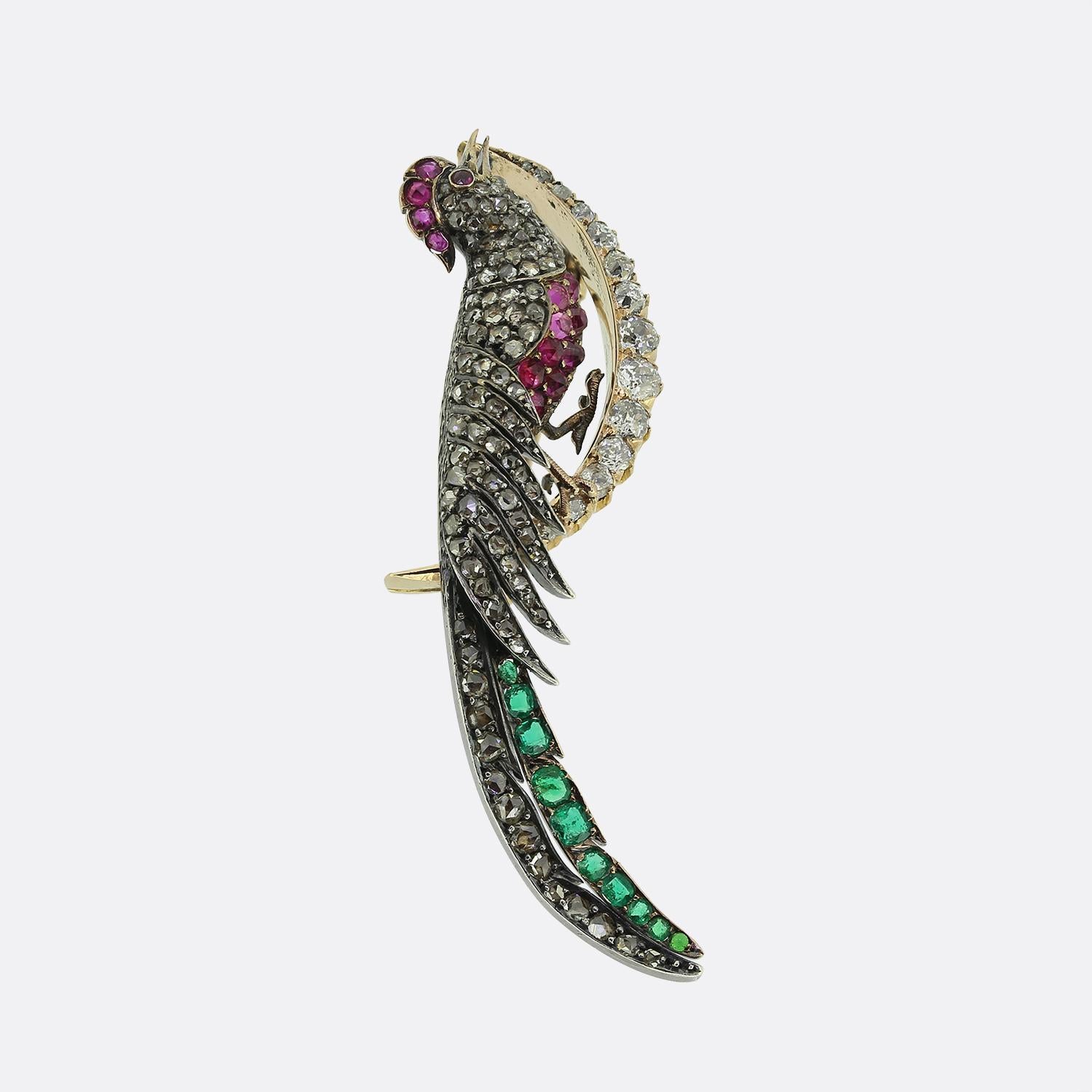 Victorian Ruby Emerald and Diamond Peacock Crescent Brooch For Sale at ...