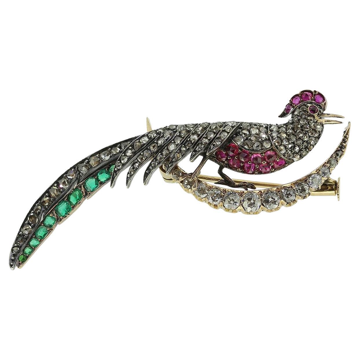 Viktorianische Brosche mit Rubin, Smaragd und Diamant, Pfauensichel im Angebot