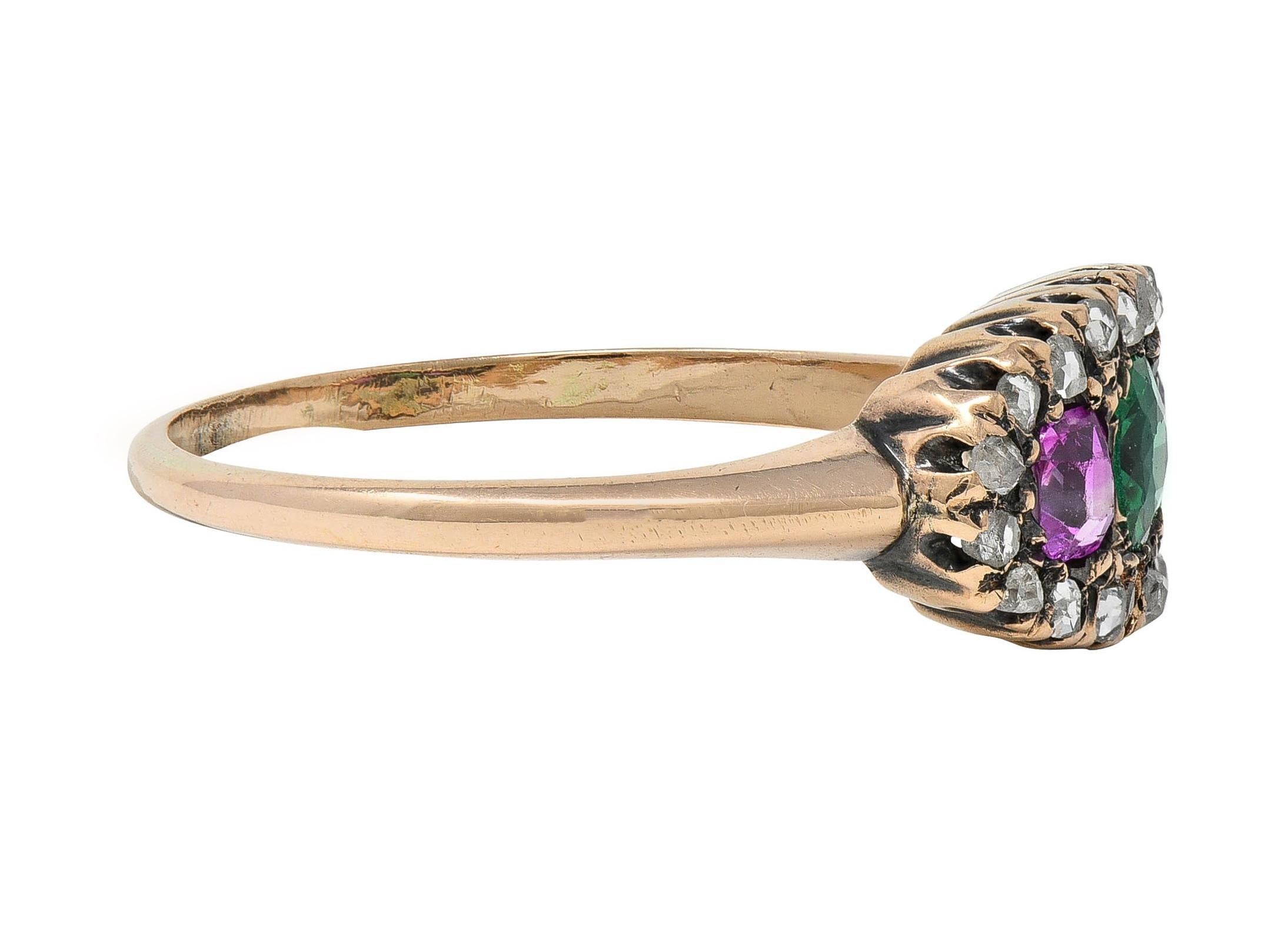 Anillo Antiguo Victoriano Rubí Esmeralda Diamante Oro Amarillo 14 Kilates Corte redondo