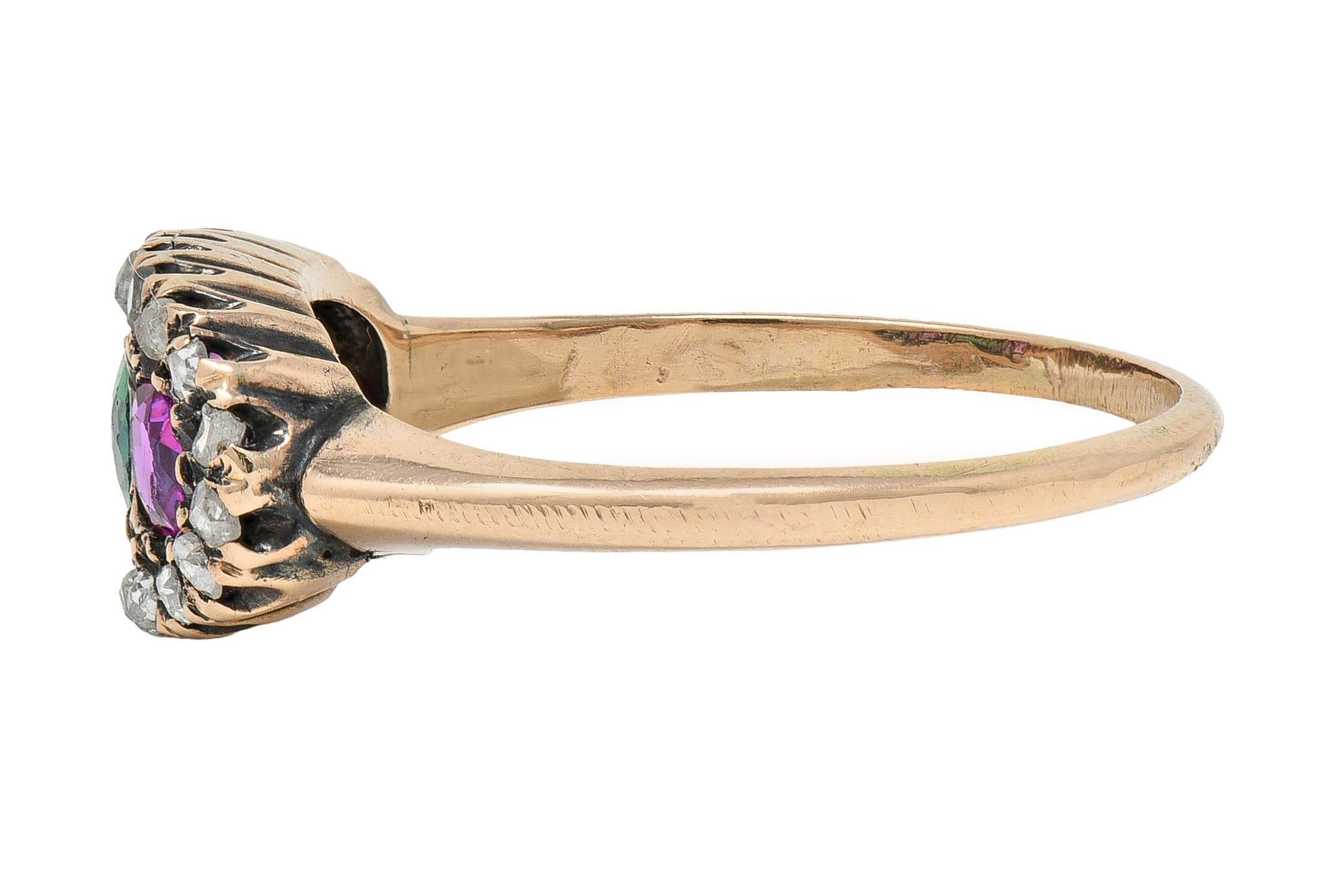 Femenino o masculino Anillo Antiguo Victoriano Rubí Esmeralda Diamante Oro Amarillo 14 Kilates