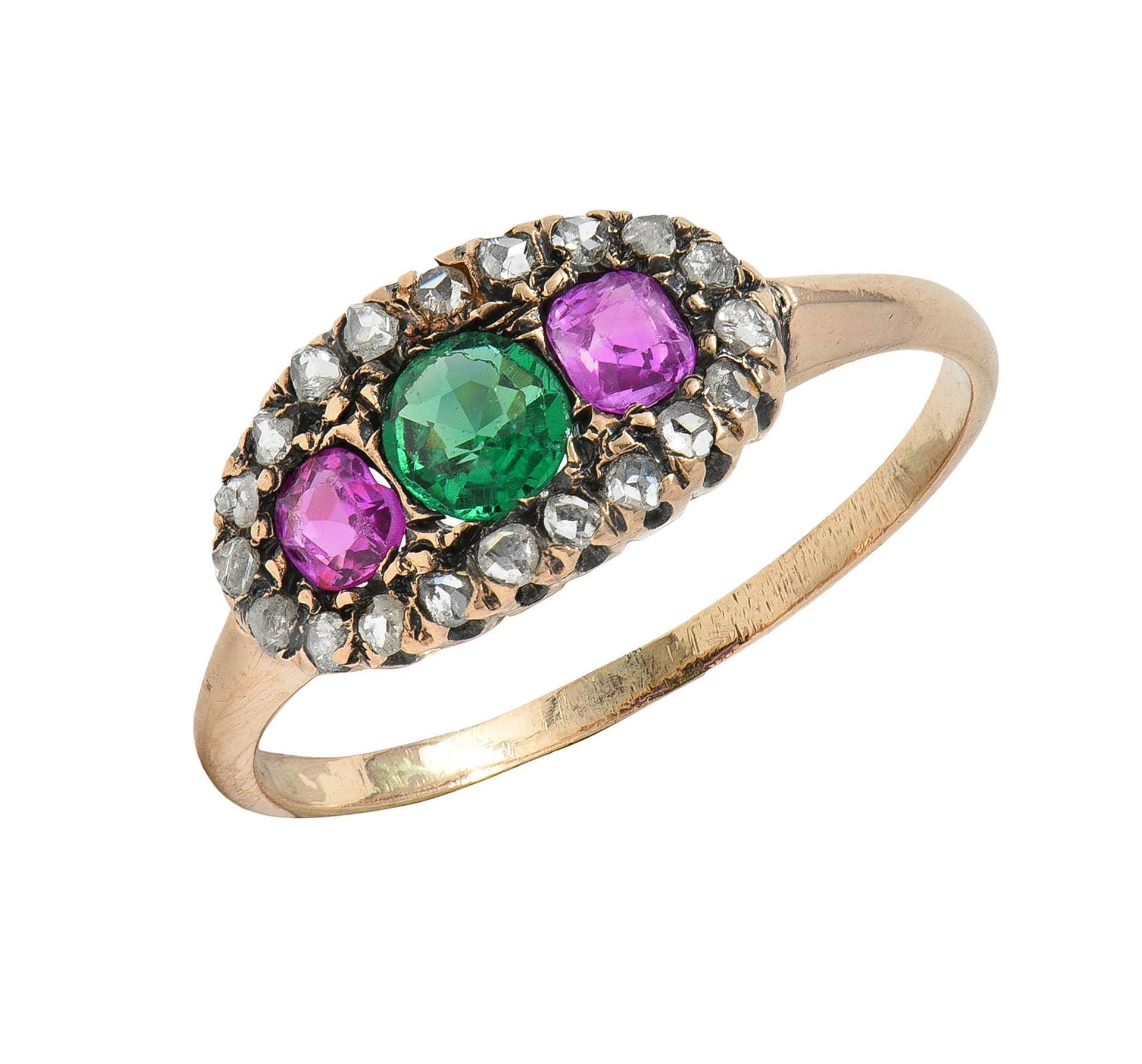 Anillo Antiguo Victoriano Rubí Esmeralda Diamante Oro Amarillo 14 Kilates 2