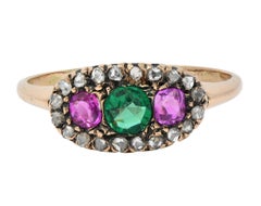 Anillo Antiguo Victoriano Rubí Esmeralda Diamante Oro Amarillo 14 Kilates