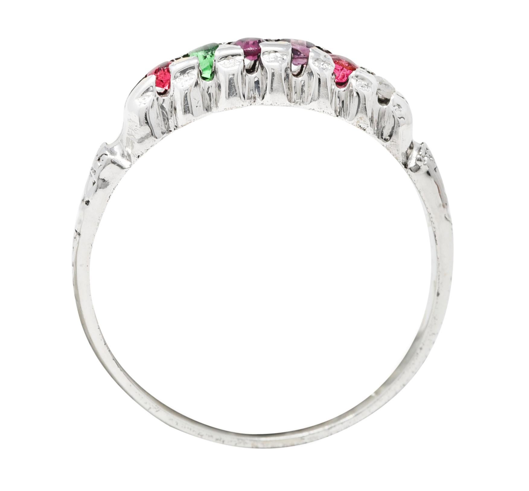 Victorian Ruby Emerald Garnet Amethyst Diamond 14 Karat White Gold Regard Ring 2