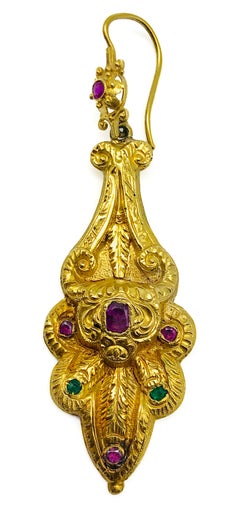 Antique Victorian Ruby Emerald Gold Dangling Earrings