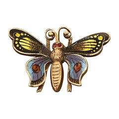 Victorian Ruby Enamel Butterfly Gold Brooch