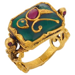 Victorian ruby green glass 20k yellow gold ring