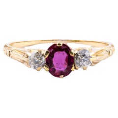 Victorian Ruby & Mine Cut Diamond Three Stone Ring in 18 Karat Yellow Gold