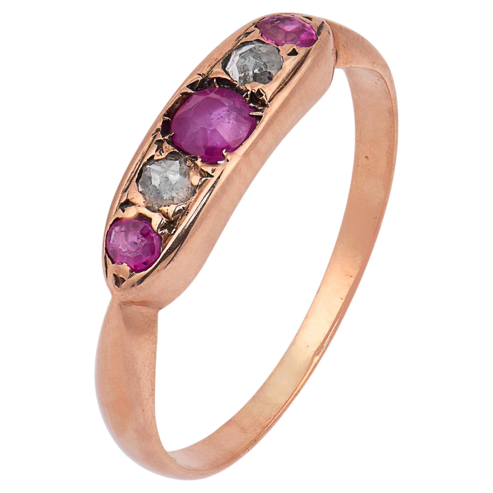Victorian ruby old cut diamond 9k rose gold ring For Sale
