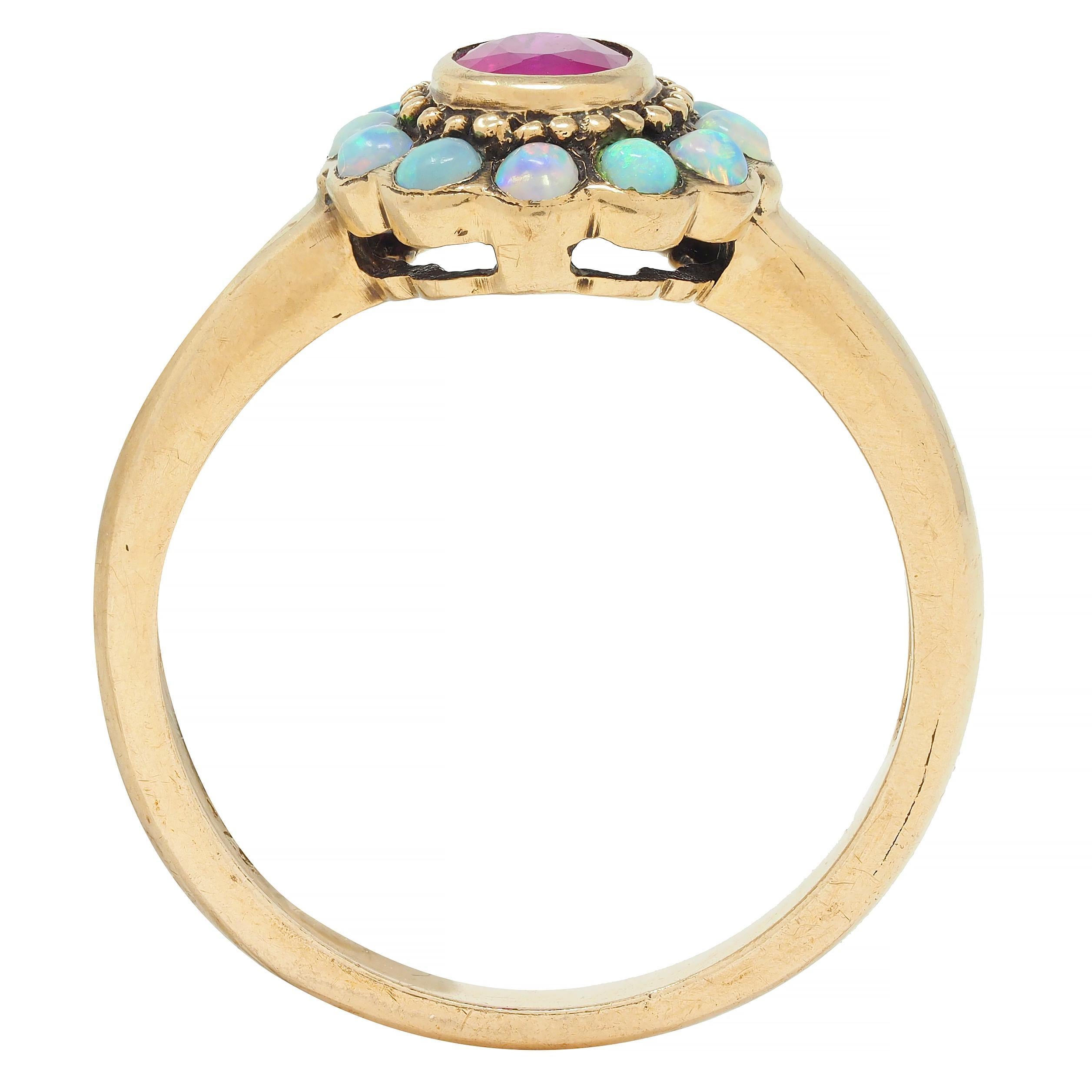Victorian Ruby Opal 9 Karat Yellow Gold Antique Halo Ring 5