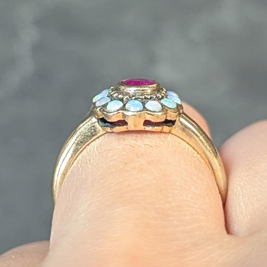 Victorian Ruby Opal 9 Karat Yellow Gold Antique Halo Ring 8