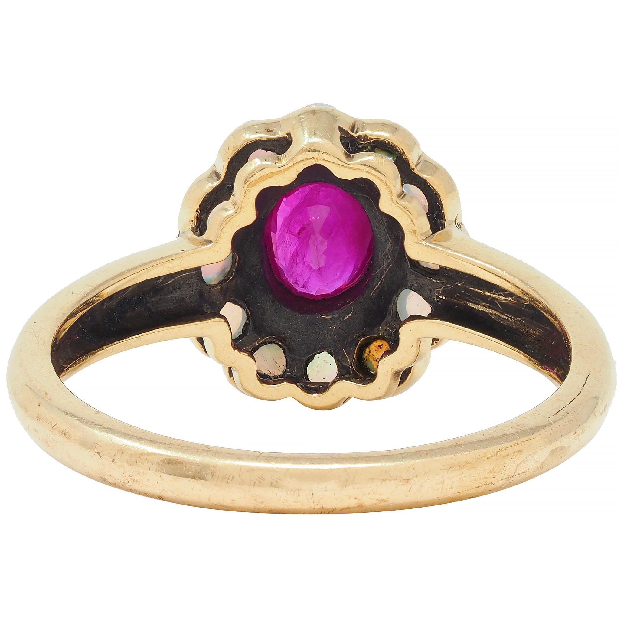 Women's or Men's Victorian Ruby Opal 9 Karat Yellow Gold Antique Halo Ring