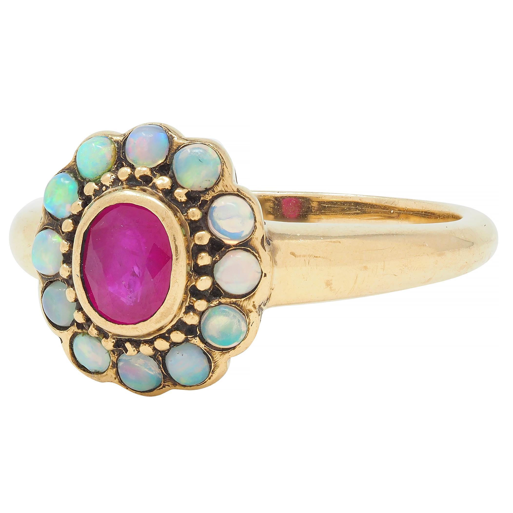 Victorian Ruby Opal 9 Karat Yellow Gold Antique Halo Ring 2