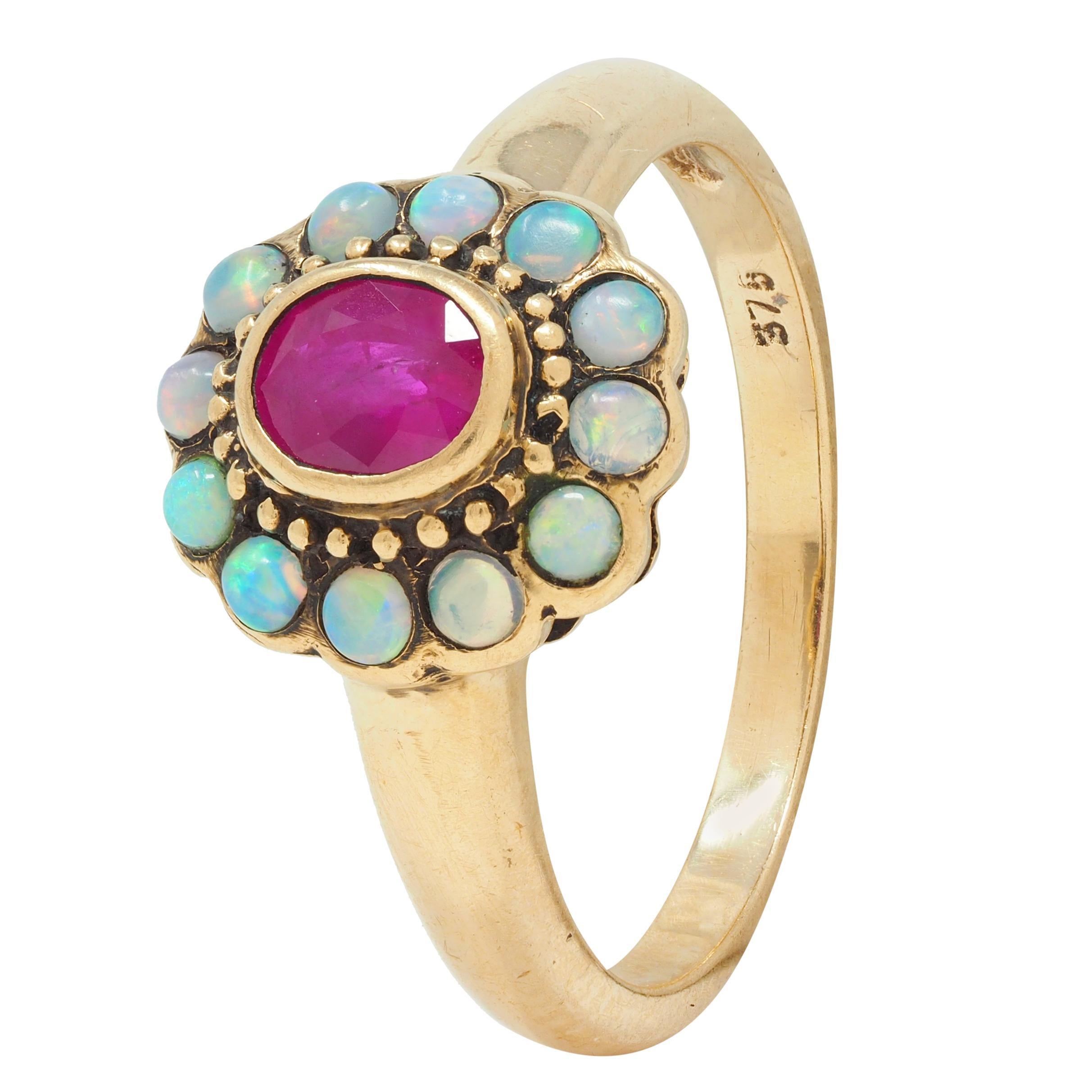 Victorian Ruby Opal 9 Karat Yellow Gold Antique Halo Ring 4