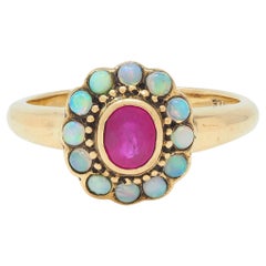 Victorian Ruby Opal 9 Karat Yellow Gold Antique Halo Ring