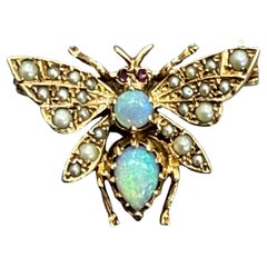 Antique Victorian Ruby, Opal & Pearl Butterfly Brooch