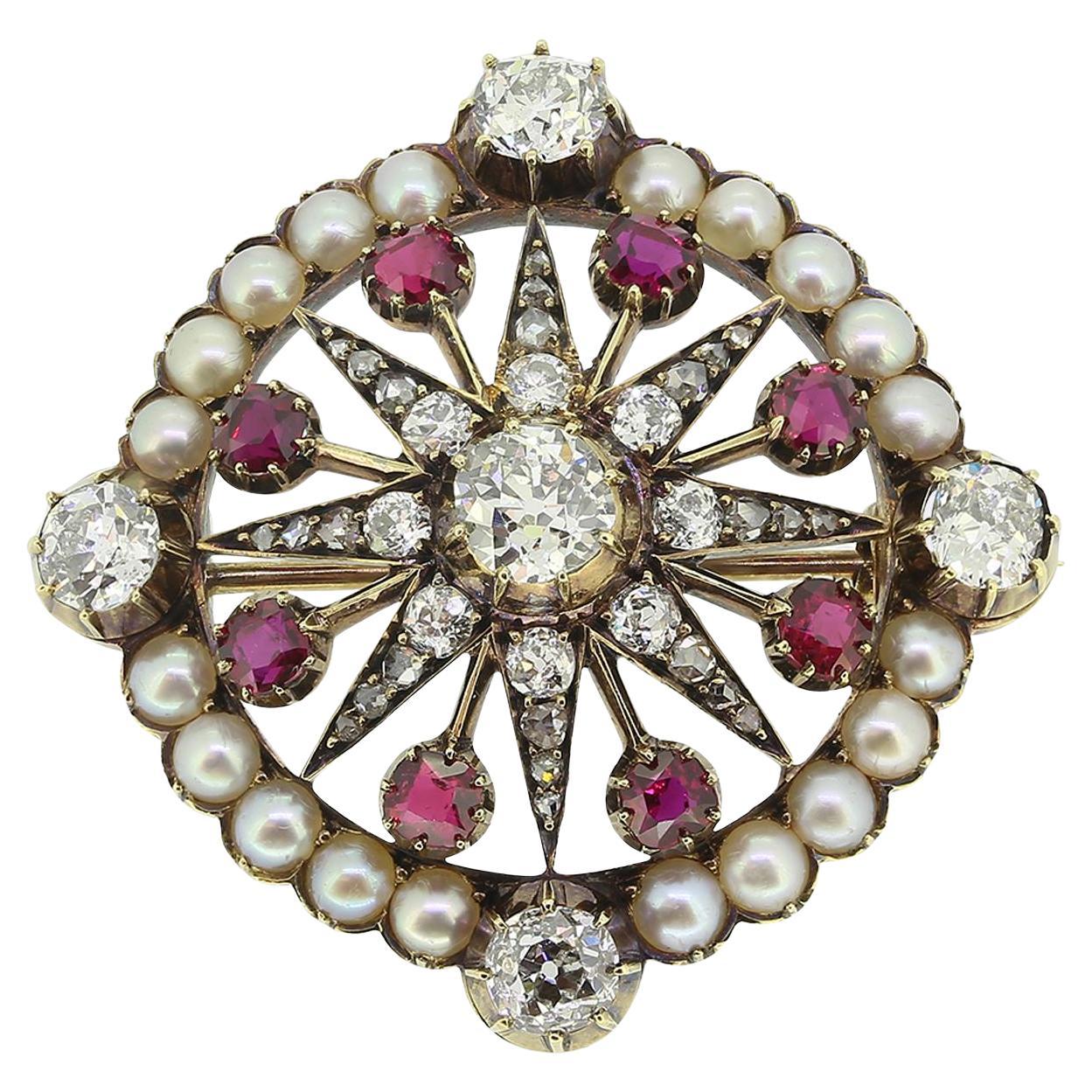 Victorian Ruby Pearl and Diamond Star Brooch
