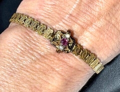 Victorian Ruby Pearl Bracelet 14K Yellow Gold Engraved Original 1870's
